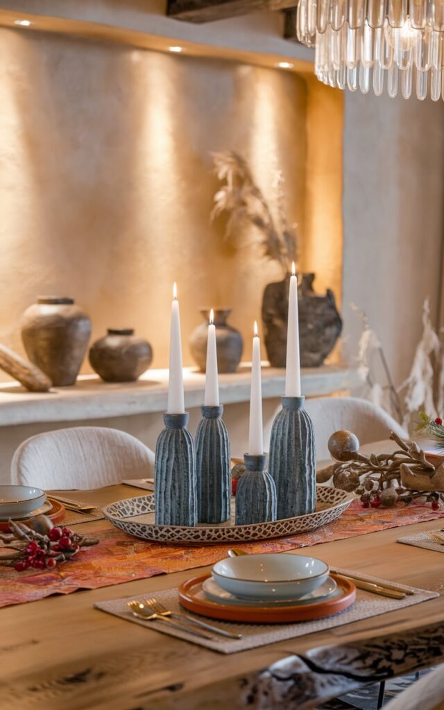 A photo of a modern rustic dining room with warm, natural textures and elegant yet cozy decor. The dining table has a decorative tray with 2-3 white candles of varying heights placed in sculptural blue patterned holders, serving as a striking centerpiece. The table is styled with a bright patterned runner, china-made cutlery, and subtle seasonal decor. Soft, warm lighting enhances the textures of the wood and ceramics. A crystal pendant light hangs above the dining area.