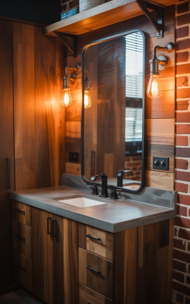 A photograph of a modern rustic-industrial bathroom featuring a fully furnished vanity with rich walnut wood cabinetry and a polished concrete countertop topped with matte black fixtures. Warm Edison bulb wall sconces flank a large rectangular mirror with a thin black metal frame, casting a golden amber glow across the textured surfaces. The space showcases exposed red brick walls, reclaimed barn wood floating shelves, and brushed steel pipe details, creating an inviting yet edgy atmosphere. The lighting creates dramatic shadows and highlights that emphasize the contrast between the organic wood grain, rough brick texture, and sleek industrial metal elements.