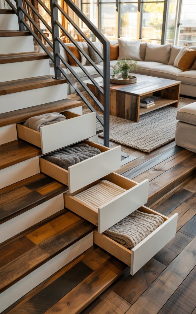 A modern rustic living room showcasing an innovative staircase with built-in storage drawers seamlessly integrated under each step. The staircase features rich reclaimed wood treads paired with crisp white-painted risers and a sleek black metal railing, with several drawers pulled open to reveal neatly folded wool blankets and linens inside. The surrounding living space is furnished with oversized plush sofas in neutral tones, a chunky knit wool area rug, and weathered wooden coffee tables that blend contemporary clean lines with farmhouse charm. Warm golden sunlight streams through expansive windows, casting natural highlights across the functional staircase design and illuminating the cozy textures throughout the room.