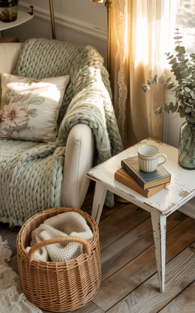 A cozy reading nook photograph showcasing modern rustic and shabby chic design elements, featuring a plush cream-colored armchair draped with a chunky knit throw in soft sage green. The chair is adorned with floral linen cushions in muted pastels, positioned beside a distressed white wooden side table holding an elegant ceramic mug with a gold rim and a small stack of weathered books with vintage cloth covers. A woven rattan basket filled with ivory wool blankets sits on the floor nearby, while soft golden sunlight streams through a nearby window, casting warm shadows across the weathered hardwood floors. The space is enhanced by subtle shabby chic touches including a vintage brass floor lamp, dried eucalyptus in a mason jar, and delicate lace curtains that filter the natural light into a dreamy, inviting glow.