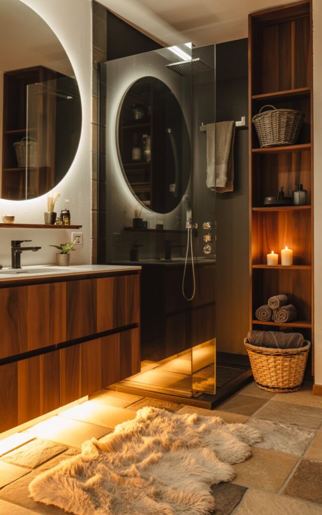 A modern rustic bathroom at night, featuring a floating wooden vanity with warm LED strip lights glowing softly underneath, casting gentle illumination across natural stone tile flooring. The space showcases rich walnut wood textures paired with matte black fixtures, including sleek faucets and towel bars, while a large round mirror with subtle backlighting creates depth and warmth. A glass-enclosed shower area sits adjacent to the vanity, with woven rattan baskets holding rolled towels, flickering pillar candles on floating shelves, and a plush cream-colored area rug adding cozy texture. The under-cabinet LED glow creates an intimate, spa-like ambiance that perfectly balances rustic charm with contemporary sophistication.
