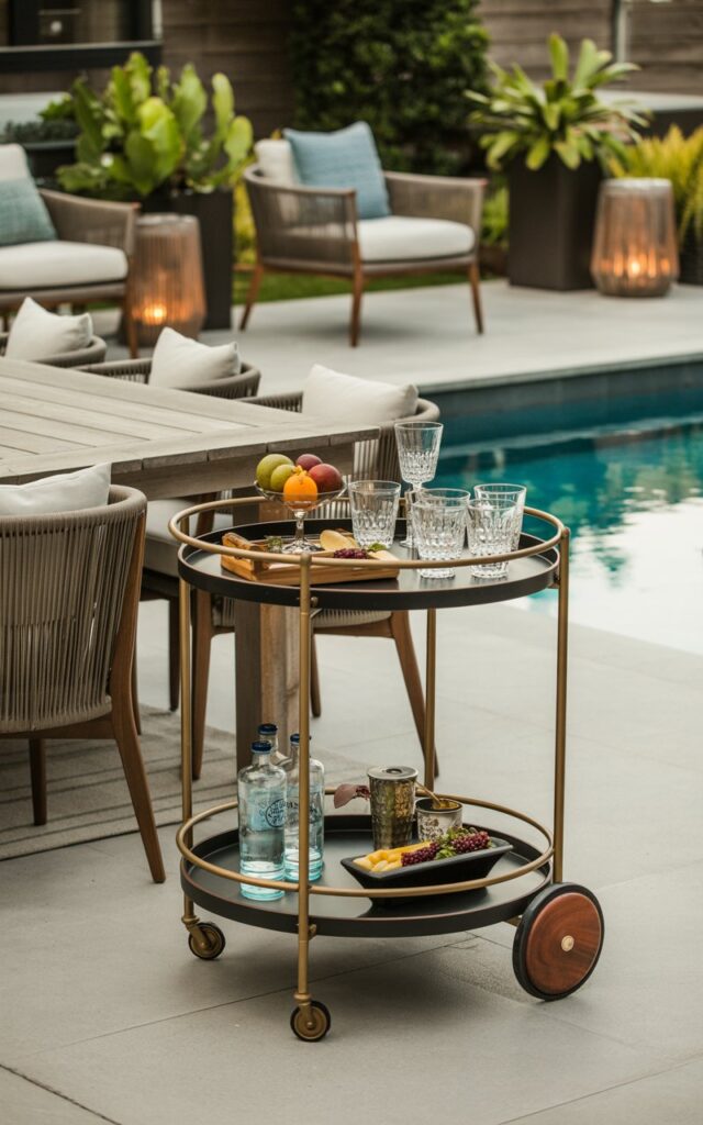 A photograph of a modern transitional-Craftsman patio centered around a stylish bar cart laden with artisanal cocktails and gourmet snacks. The bar cart itself is crafted from dark-stained wood and brushed brass, displaying a selection of colorful fruit, sparkling water, and crystal glasses, arranged with care. Beyond the cart, a weathered wooden dining table is partially visible, surrounded by comfortable woven lounge chairs and soft grey cushions; in the background, a sparkling blue pool reflects the late afternoon sunlight. Soft, warm lighting creates a welcoming ambiance, highlighting the lush greenery of potted plants and the gentle glow of decorative lanterns.