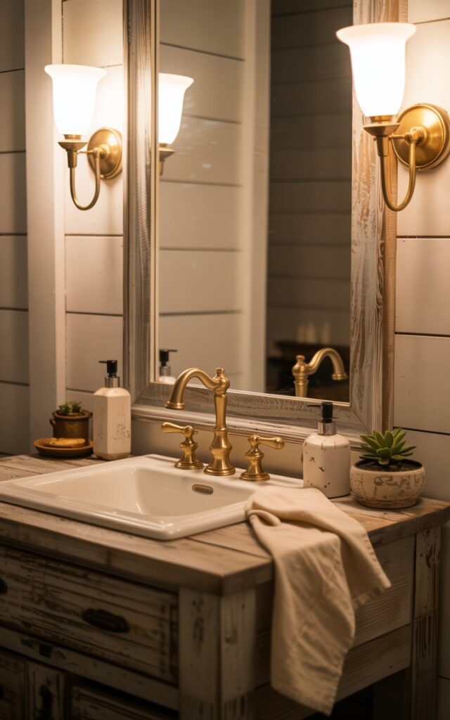 A nighttime photograph of a farmhouse-style bathroom vanity featuring elegant brushed gold faucet handles that gleam softly in the warm ambient light. The vanity showcases a rustic reclaimed wood base with visible grain patterns and weathered texture, paired with a crisp white porcelain vessel sink, all topped by a large rectangular mirror framed in distressed wood that echoes the vanity's rustic character. Classic brass wall sconces with frosted glass shades flank the mirror, casting a golden glow across white shiplap walls and illuminating carefully arranged ceramic soap dispensers, small potted succulents, and plush linen hand towels in cream and ivory tones draped elegantly beside the sink. The scene perfectly balances cozy rustic textures with refined gold accents, creating an atmosphere that feels both timeless and effortlessly elevated in the gentle evening light filtering through the space.