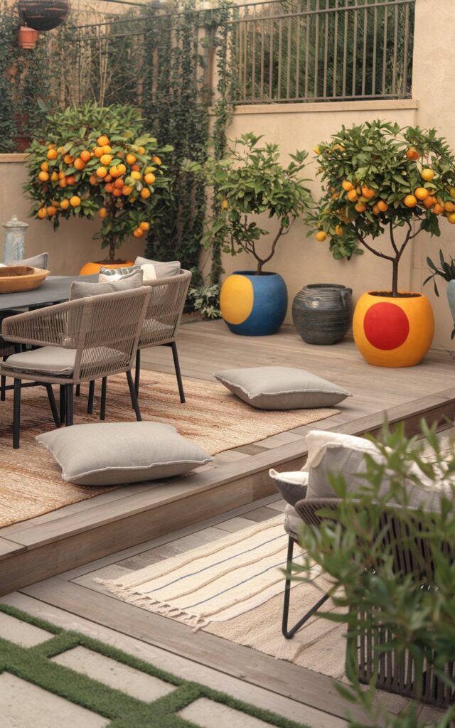 A photo of a European-style backyard patio with a dining table and chairs, lounge seating with cushions. Wooden flooring with a rug. There are 2-3 citrus trees planted in hand-painted modern pots near the patio. The background contains a fence and lush greenery. The overall atmosphere is warm and inviting.