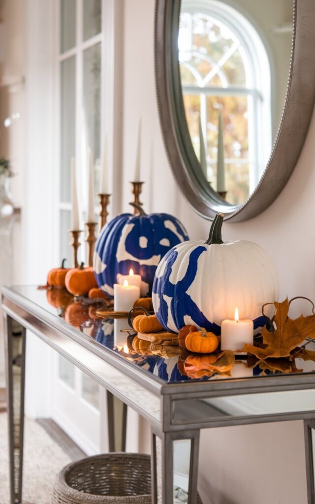 A photo of a fully furnished English countryside-style hallway with a sleek console table and a mirror above it. The table is adorned with a white pumpkin painted with bold, abstract blue patterns, small candles, dried leaves, and mini pumpkins. The items are neatly arranged to create a balanced, curated look. Soft natural light from a nearby window highlights the textures and colors, while the close-up view emphasizes the intricate details and seasonal charm of the tabletop display.