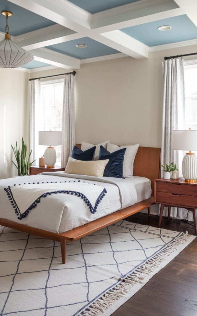 A photo of a mid-century modern style bedroom with a low-profile wooden bedframe, minimalist nightstands with stylish lamps, neutral bedding with contrasting pillows, and a few accent pieces like a patterned rug and a potted plant. A white patterned throw with a navy blue pom pom edge is casually draped over the bed. The room has a coffered ceiling with blue paint and an elegant pendant light. Natural light streams through curtained windows.