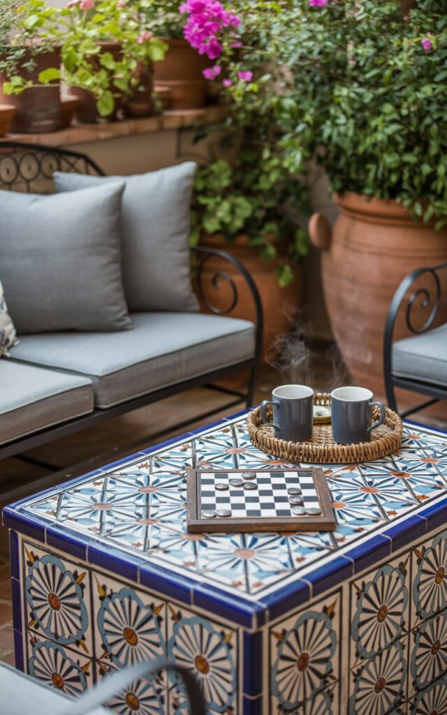 A photograph showcases a meticulously tiled coffee table in a European-style patio, serving as the primary focal point. The table's surface features a mesmerizing starburst design in vibrant Moroccan blues and Spanish terracotta, accented by a chessboard with silver coins scattered across its squares and two steaming coffee mugs sitting alongside a woven serving tray. Dove-grey cushions adorn a wrought-iron loveseat partially visible in the background, while terracotta pots overflowing with vibrant bougainvillea frame the table’s edges. Soft, diffused sunlight filters through the lush foliage above, gently illuminating the intricate tilework and creating a tranquil, inviting atmosphere.