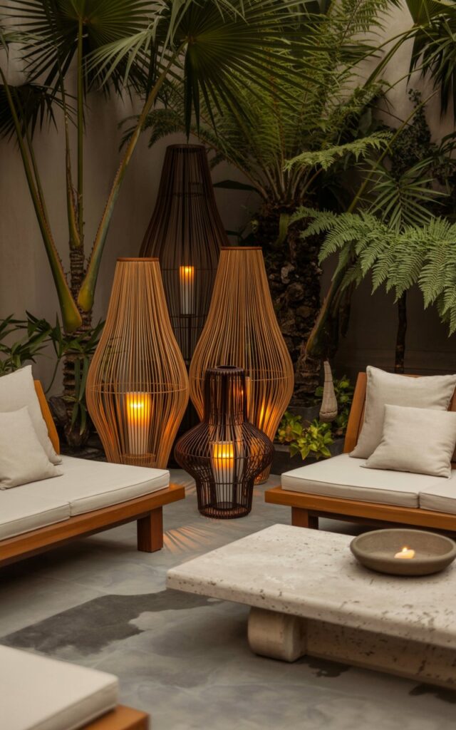 A photograph of a Japandi-Balinese patio bathed in the warm glow of a late evening. Three sculptural lanterns of varying heights, woven from natural bamboo and dark teak wood, are clustered beside a minimalist seating lounge featuring low wooden furniture adorned with cream linen cushions and a smooth river stone coffee table. A single ceramic bowl rests on the table, while lush tropical ferns and palms frame the lounge, and softly flickering candlelight casts a serene glow, creating an atmosphere perfect for "quiet contemplation". The patio floor is a smooth, polished concrete, reflecting the lantern light and adding to the tranquil, intimate ambiance.