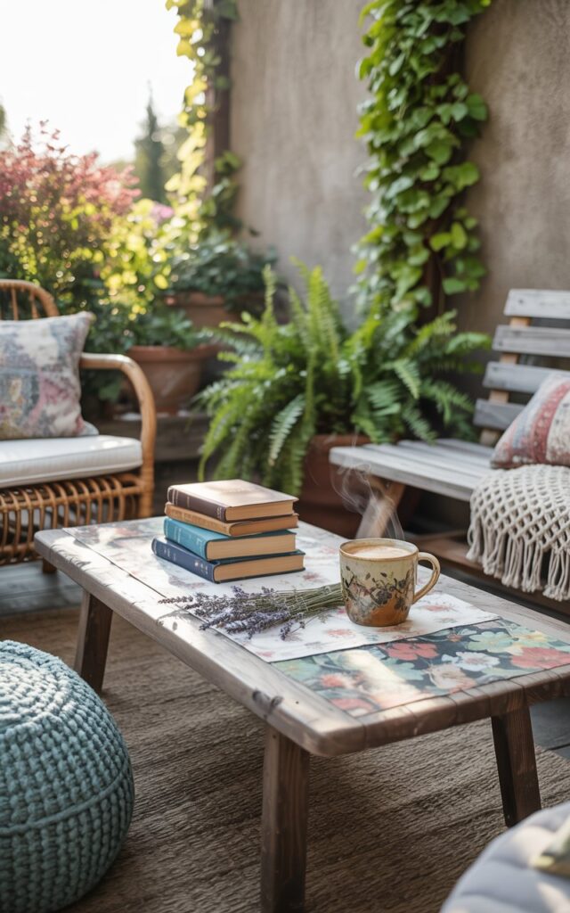 A photograph of a weathered wooden coffee table arranged on a boho-chic patio, showcasing a stack of vintage books and a ceramic mug filled with steaming coffee. The coffee table’s surface is adorned with a faded floral pattern and a scattering of dried lavender, with the mug’s handle facing towards the right. Surrounding the table is a collection of mismatched seating including a plush turquoise pouf, a rattan chair draped with a macramé throw, and a rustic wooden bench with patterned cushions, all positioned to face the table invitingly. Sunlight filters through a pergola draped with climbing ivy, casting a soft glow and highlighting the verdant potted ferns and flowering vines that populate the patio, creating a relaxed atmosphere.
