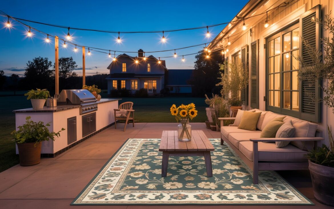 A photograph of a charming farmhouse-style patio bathed in the soft glow of dusk. A photograph of a charming farmhouse-style patio bathed in the soft glow of dusk. A vibrant patterned area rug, featuring a muted floral design in shades of cream and sage green, defines a cozy lounge area surrounding a weathered wooden coffee table holding a simple glass vase filled with bright yellow sunflowers. String lights draped overhead cast a warm shimmer across the space, highlighting a small cooking area with a built-in grill and planters brimming with lush greenery, while the twilight sky presents a gentle blue hue. In the background, a quaint farmhouse with glowing windows adds to the inviting ambiance of the scene.