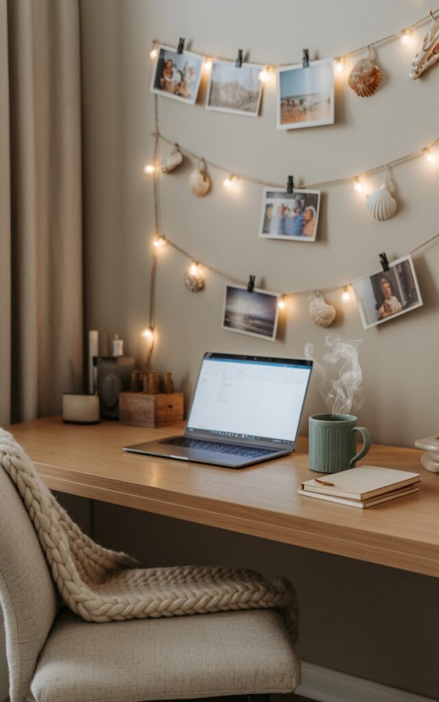 A photograph of a cozy California coastal-style home office, centered on a sleek, light wood desk bathed in the soft glow of night. The desk holds a silver laptop, a neatly stacked pile of cream-colored notebooks, and a calming teal ceramic mug emitting a gentle plume of steam from the herbal tea within. Above the desk, a gallery wall features three stringed photo clip displays adorned with cherished family photos, delicate seashells, and warm fairy lights, creating a welcoming ambiance accented by a comfortable linen chair draped with a soft, chunky knit throw blanket. The room evokes a sense of tranquil productivity, with the gentle light illuminating the warm tones of the wood and linen.