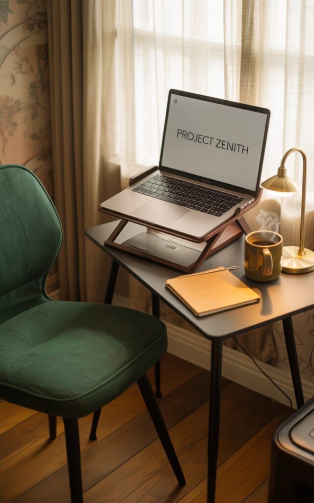A photograph of a cozy home office nook, radiating warmth and inviting focus. A silver laptop sits open on a dark brown wooden stand, displaying the words “Project Zenith” in a clean sans-serif font, while a deep emerald green ergonomic chair is turned slightly towards it. A worn leather notebook rests next to a steaming ceramic mug of coffee, and a brass desk lamp casts a soft, diffused glow upon the small desk's surface. Soft afternoon sunlight streams through sheer linen curtains, illuminating gentle floral wallpaper and the warm tones of the aged wooden floor, creating a tranquil and productive atmosphere.