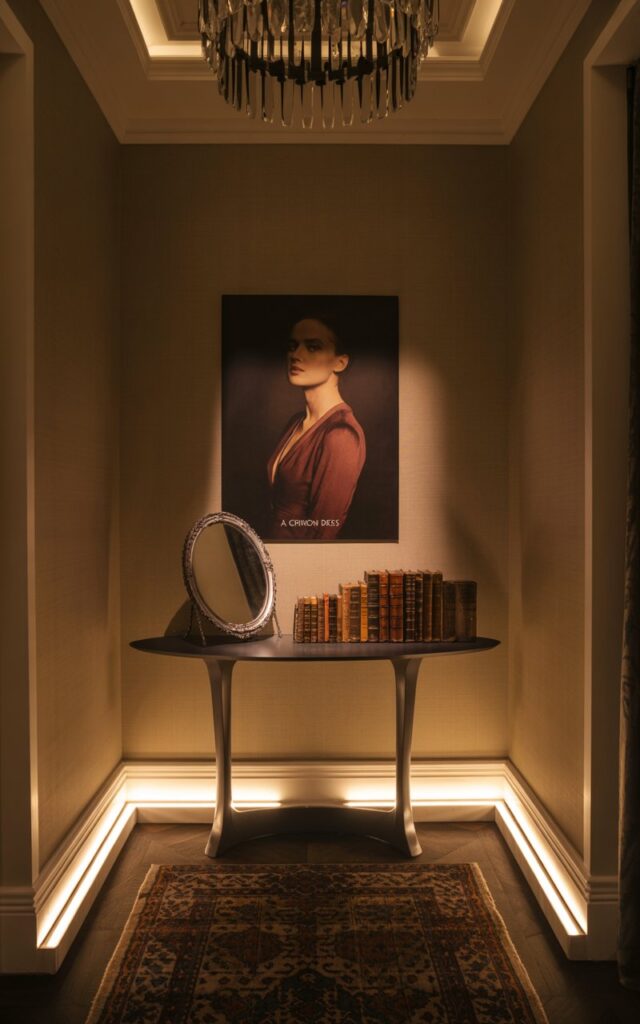 A photograph of a dimly lit hallway centered around a sleek, dark wood console table. The table holds a vintage silver mirror reflecting the hallway's soft LED strip lighting, alongside a carefully stacked collection of antique books bound in faded leather. Above the table hangs a striking portrait of a woman in "a crimson dress", her expression enigmatic and her gaze directed slightly off-center. The background reveals textured wallpaper, a plush patterned rug, and a coffered ceiling illuminated by the subtle sparkle of a crystal chandelier, creating a warm and stylish ambience.