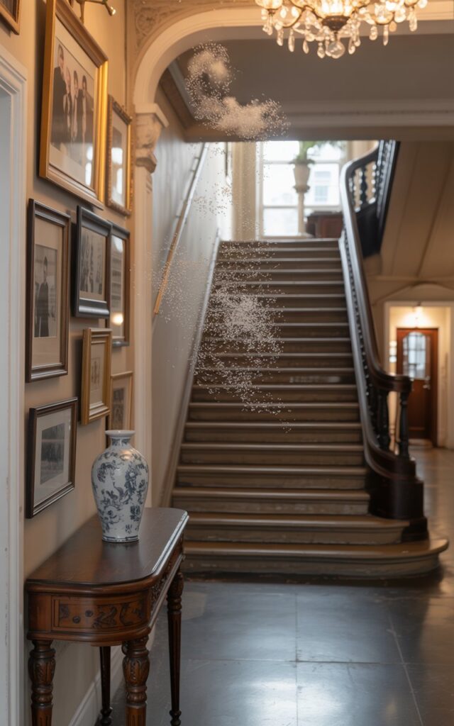A photograph of a sweeping Victorian staircase taking center stage within a grand hallway. The staircase boasts intricately carved dark wood banisters that ascend into soft shadow, accented by a single, elegant porcelain vase displayed on an antique mahogany console table below. A gallery wall to the left showcases framed family photos and art prints in ornate gold and silver frames, while a crystal chandelier casts a warm, inviting glow, illuminating dancing dust motes. The scene exudes a cozy yet sophisticated atmosphere, with soft natural light filtering in from a large arched window partially visible at the hallway's far end.
