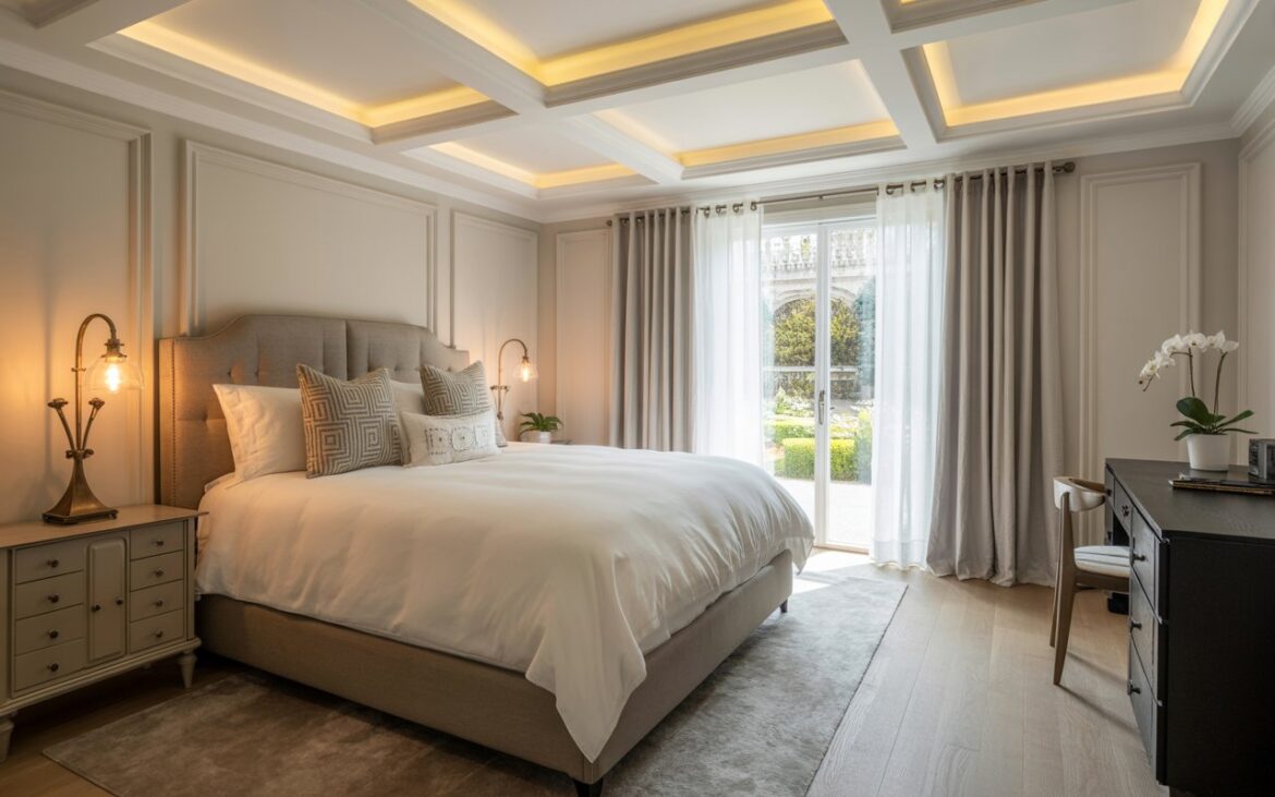 A photograph of a luxuriously decorated bedroom embodying a blend of modern farmhouse and art deco aesthetics. A photograph showcasing a king-sized bed as the central element within a luxuriously decorated bedroom blending modern farmhouse and art deco aesthetics. The bed features a plush dove-grey upholstered headboard with geometric-patterned throw pillows and a crisp white duvet, centered beneath a coffered ceiling with subtle integrated LED lighting. Elegant brass-accented nightstands with vintage-style lamps flank the bed, illuminating a dark wood dresser and a minimalist study desk with a single white orchid plant. Linen curtains softly filter light from a large window revealing a glimpse of a manicured garden beyond, creating a calming and sophisticated atmosphere.