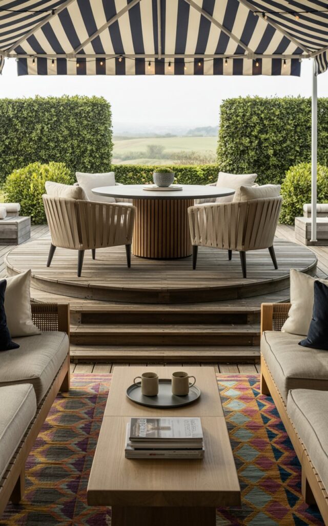 A photograph of a modern Americana-style patio showcasing a round dining deck as the central focus. The deck features a sleek, round table crafted from dark-stained acacia wood, surrounded by four cream-colored armchairs upholstered in textured linen, all sheltered beneath a striped navy and white awning. Below, a sunken lounge area features plush, dove-grey sofas accented by a vibrant geometric outdoor rug and a low teak coffee table displaying a stack of design magazines and a ceramic tray holding two steaming mugs. Soft, warm string lights are delicately woven through manicured English garden hedges that frame a distant view of gently rolling hills.