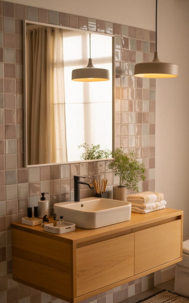 A photograph of a modern Japandi-style bathroom featuring a floating light oak vanity with clean lines and warm wood grain against handcrafted zellige tiles in soft taupe. The vanity supports a pristine white vessel sink with matte black fixtures, topped with thoughtfully arranged essentials including a sleek soap dispenser, neatly folded cream towels, organized makeup containers, and a small potted plant with delicate jade-green foliage. Above, a rectangular mirror is elegantly framed with peel-and-stick wood trim and flanked by two pendant lights with brushed brass finishes that cast a gentle amber glow across the space. The surrounding bathroom includes a modern toilet, a window with linen curtains filtering soft morning light, and a textured floor rug, all bathed in the serene natural illumination that creates peaceful shadows and highlights the minimalist aesthetic.
