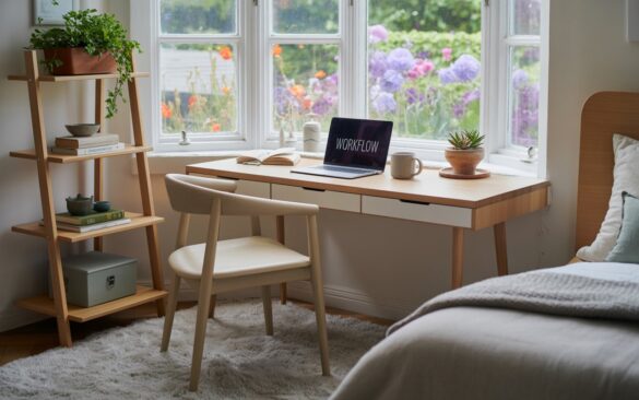 A photograph of a modern Scandinavian home office nestled beside a bright bay window within a serene bedroom. A photograph of a modern Scandinavian home office seamlessly integrated within a tranquil bedroom. A light wood desk, positioned directly in front of a large bay window, displays an open laptop with the words "WORKFLOW" visible on the screen, alongside a steaming ceramic mug and a small succulent thriving in a terracotta pot. The desk is complemented by a comfortable, cream-colored chair and a sleek ladder shelf brimming with lush greenery and stacked books, all bathed in the soft, diffused light filtering through the window and highlighting the texture of a plush gray rug. Outside the window, a vibrant garden bursts with colorful flowers, creating a peaceful and productive atmosphere.