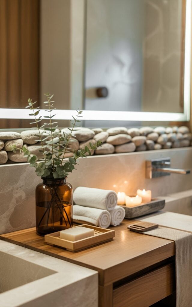 A photograph of a serene Asia Zen-style bathroom showcasing minimalist design with natural materials and earthy tones. The focal point is a sleek wooden vanity counter displaying a weathered amber glass jar filled with fresh eucalyptus stems, accompanied by a bamboo soap dish, neatly rolled white linen towels, and a smooth stone tray holding flickering candles. Above the vanity, an LED-backlit mirror illuminates a unique textured stone backsplash, while the surrounding space features warm wood grain, polished stone surfaces, and soft linen accents in muted beige and cream hues. Soft, diffused lighting filters through the space, creating gentle shadows and highlighting the natural textures, evoking the tranquil atmosphere of a luxury spa retreat.
