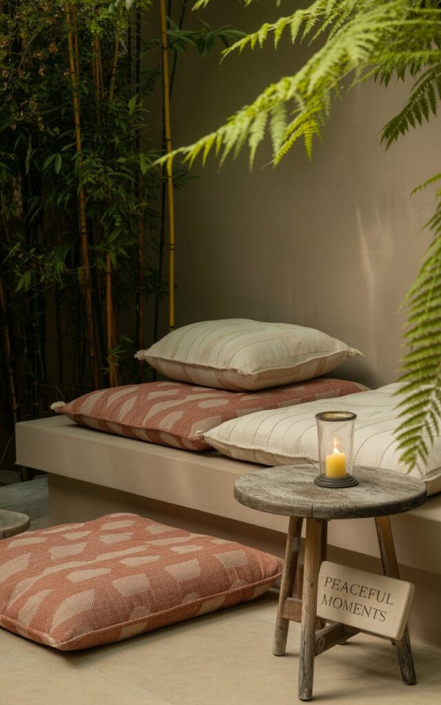 A photograph of a serene outdoor patio embodying a modern Boho–Asia Zen aesthetic. The central focus is a low, natural wood lounge platform accented with two oversized floor cushions, one in muted terracotta and the other a soft cream with a subtle geometric pattern. A small, weathered wooden table sits beside the platform, featuring a single flickering candle within a clear glass holder and a stone plaque nearby displaying "Peaceful Moments". Gentle, diffused light filters through surrounding bamboo and ferns, casting dappled shadows across the platform and creating a tranquil atmosphere.