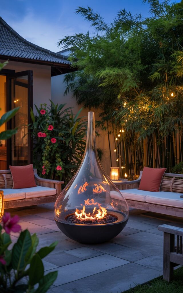 A photograph of a sleek, teardrop-shaped firepit glowing warmly at twilight in a Balinese-style patio. The firepit’s surface shimmers with flickering orange and red flames, casting a soft glow on the surrounding weathered wooden loungers, accented with natural woven rattan and cushions in deep terracotta tones. Lush, emerald green bamboo and vibrant hibiscus blooms frame the stone-paved patio, creating a secluded and tranquil space. Soft, warm light emanates from strategically placed lanterns and twinkling fairy lights strung between the bamboo stalks, enhancing the peaceful ambiance as the sky deepens to a rich indigo.