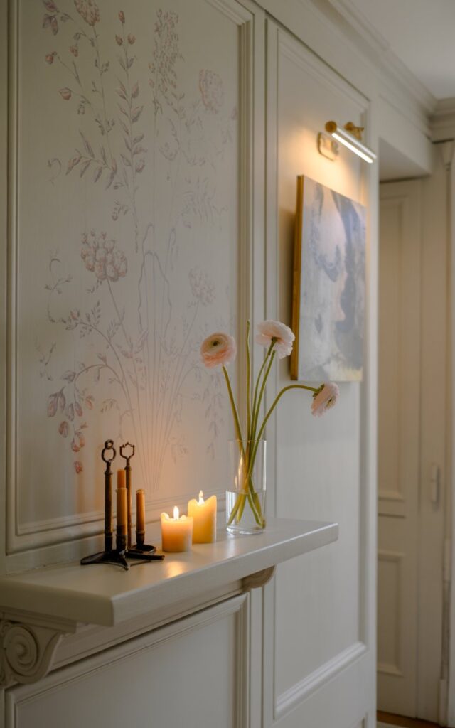 A photograph of a serene hallway in the Gustavian style, its focal point a meticulously crafted wall panel. The panel is painted a soft, creamy white and features delicate, hand-painted floral motifs in muted pastel shades of rose and lavender, accentuated by subtle shadows and gilding. Below the panel, a floating ledge displays antique brass keys, beeswax candles in simple glass holders, and a delicate vase holding pale pink ranunculus flowers, all bathed in the soft glow of a single spotlight illuminating a nearby abstract painting. Natural light filters through a partially visible window, creating a gentle ambiance and highlighting the hallway's classic elegance.