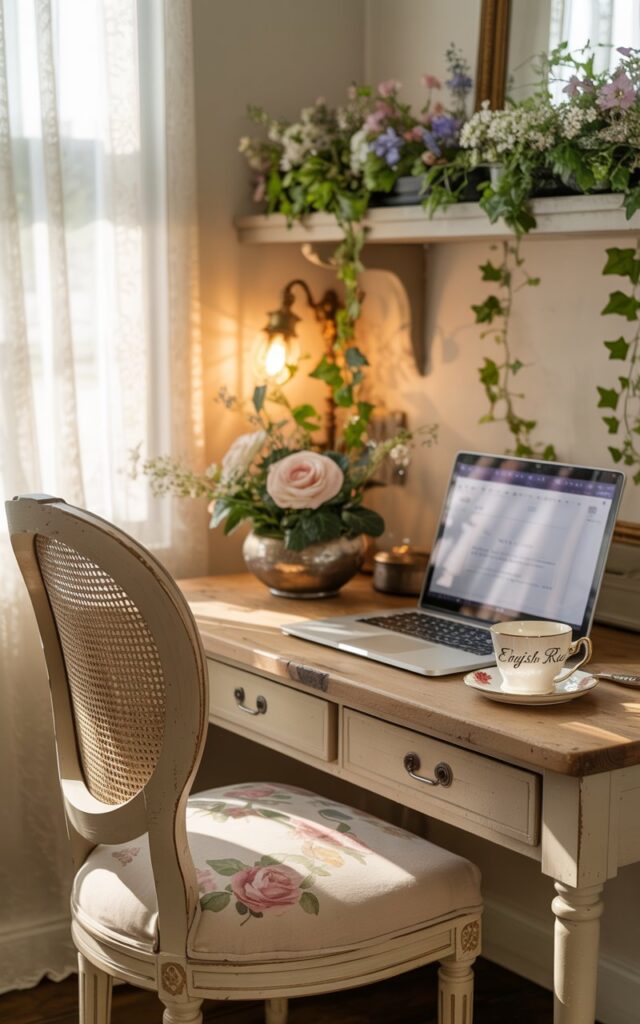 A photograph captures a cozy English countryside home office centered on a rustic wooden desk. Resting on the desk is an open laptop beside a silver teacup and saucer displaying "English Rose" in elegant script. A vintage cream-colored chair with a delicate floral cushion sits invitingly before the desk, bathed in soft, diffused sunlight filtering through lace curtains. Above the desk, a floating shelf showcases a miniature garden of trailing ivy and wildflowers, all illuminated by warm, natural light.