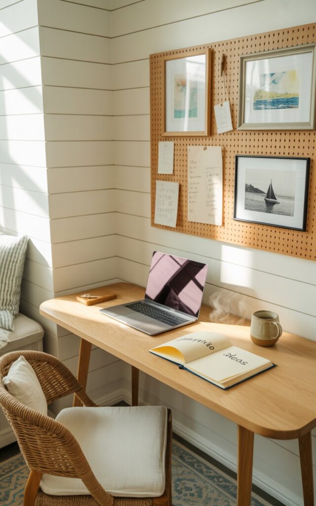 A photograph showcases a serene coastal chic home office corner integrated into a sun-drenched bedroom. A light oak desk sits flush against a white shiplap wall holding a silver laptop, two open linen-covered notebooks labeled "INSPIRATION" and "IDEAS", and a ceramic mug releasing wisps of steam from freshly brewed coffee. Above the desk, a natural wood pegboard displays a curated arrangement of framed watercolor art prints, handwritten notes, and a vintage black and white photo of a sailboat, illuminated by the soft, diffused light streaming through a nearby window, casting a gentle glow on the patterned blue and cream rug and a comfortable cream-colored armchair with woven detailing. The scene exudes a warm and inviting atmosphere, perfect for quiet reflection and creative work.