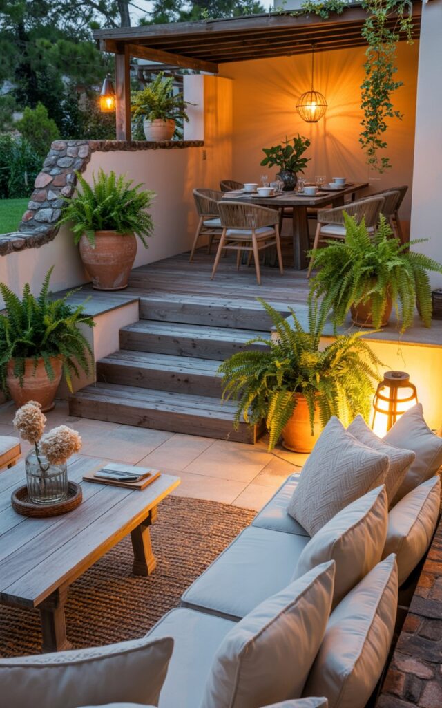 A photograph depicting a charming two-level patio deck bathed in the warm glow of dusk. The lower level showcases plush, cream-colored cushions arranged around a weathered wooden table adorned with a textured jute rug, inviting relaxation and conversation. A set of rustic wooden steps leads to the upper dining area, where woven chairs surround a round wooden table set with simple ceramic plates and glasses. Strategically placed terracotta pots overflowing with vibrant green ferns and trailing ivy soften the stone accents bordering the deck edges, while hanging lanterns cast a gentle, golden light across the entire scene.