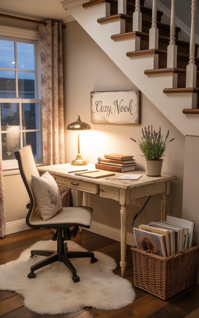 A photograph of a cozy, shabby chic home office tucked beneath a curving staircase. A plush, cream-colored rug anchors a comfortable ergonomic chair positioned before a weathered wooden desk, which holds a vintage brass lamp casting a warm glow, a stack of worn leather-bound notebooks, and a small ceramic pot with a sprig of dried lavender. A small wooden sign hangs above the workspace displaying "Cozy Nook" in elegant script, illuminated by a soft stream of evening dusk light filtering through floral patterned curtains on a nearby window. The room features soft pastel wallpaper and a woven basket overflowing with vintage magazines, completing the charming cottagecore aesthetic.
