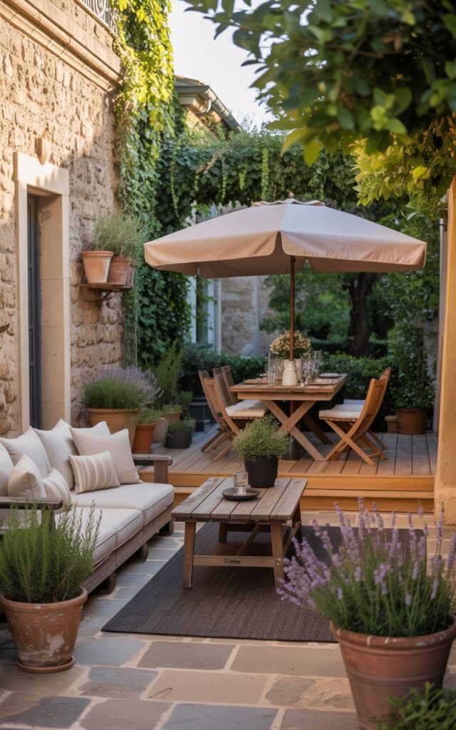 A photograph of a charming European-style backyard patio, bathed in the warm glow of late afternoon sunlight. A weathered dark wood coffee table sits nestled amongst plush cream cushions on a natural stone floor, creating a cozy lounge area with a dark woven rug underneath. Above, a rustic dining set with a large linen umbrella is anchored on a warm wood deck, accented by vibrant terracotta pots filled with blooming lavender and rosemary. Cascading ivy climbs the stone walls, adding depth and texture to the scene while a glimpse of lush greenery peeks through the surrounding foliage.