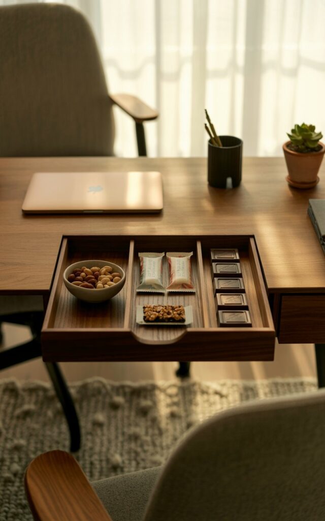 A photograph showcasing a sleek walnut drawer organizer centered on a mid-century modern desk. The organizer is filled with a curated selection of snacks: a small ceramic bowl overflowing with mixed nuts, three individually wrapped granola bars, and four dark chocolate squares arranged neatly. A closed silver laptop sits to the side of the organizer, accompanied by a minimalist black pen holder and a small succulent in a terracotta pot, all bathed in the warm, soft glow of late afternoon light filtering through a nearby window, illuminating a comfortable gray ergonomic chair with a nubby cushion. A textured, muted gray rug subtly anchors the scene, creating a serene and organized home office atmosphere.