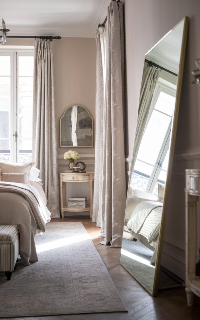 A photo of a French country bedroom with a sleek floor mirror leaned against the wall. The room has layered bedding, a nightstand, and a rug. The room has soft neutral tones, elegant textures, and classic decorative accents. The room has a refined yet cozy atmosphere. Natural light floods the space, reflecting off the mirror to enhance brightness and depth.