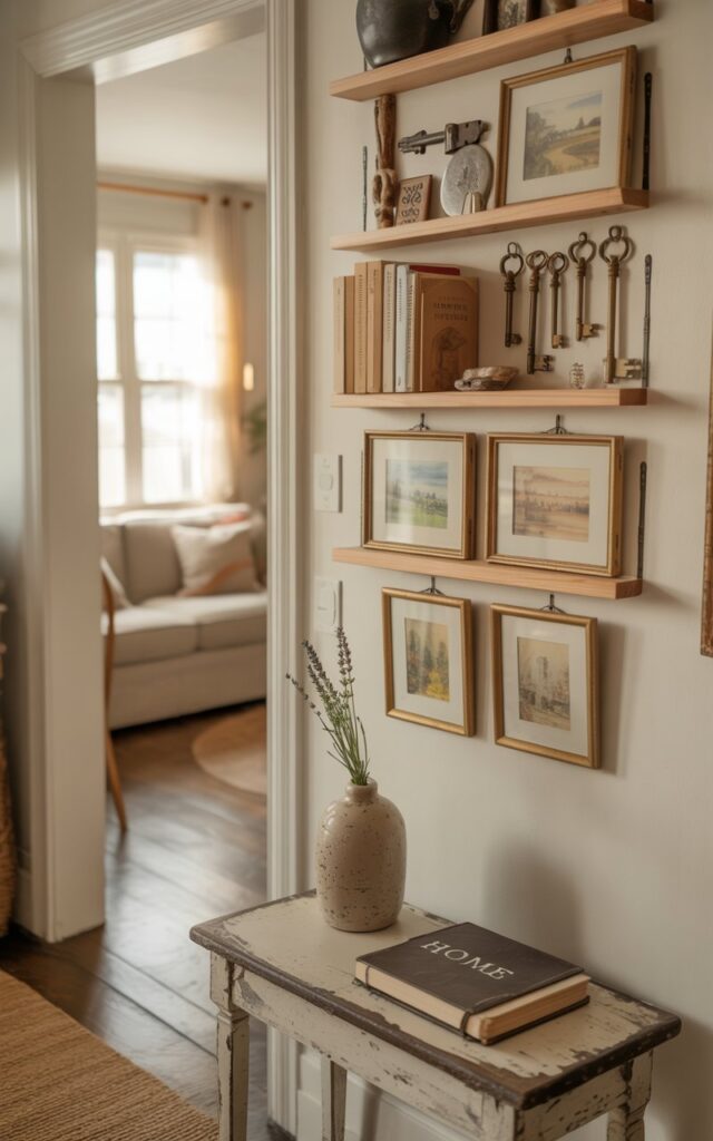 A photograph of a quaint, sun-drenched hallway leading to a warmly inviting living room, showcasing a curated display of rustic charm. Along the hallway wall are slim, light wood floating shelves, displaying a collection of antique brass keys, well-loved paperbacks, and miniature watercolor landscapes. Beneath the shelves sits a small, distressed wooden console adorned with a hand-thrown ceramic vase holding a sprig of lavender and a worn leather-bound journal marked with "HOME". Soft, diffused sunlight streams through a nearby window, highlighting the textures of the woven runner and casting gentle shadows across the aged wooden floors.