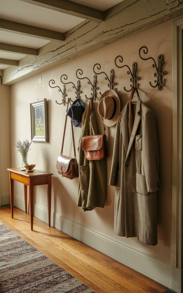 A photograph of a charming countryside hallway leading towards a softly lit living room. A collection of well-worn tweed coats, leather messenger bags, and felt hats hang neatly from antique wrought-iron hooks mounted on the wall, arranged with careful consideration. A slender mahogany console table sits against the wall displaying a small vase of lavender and a silver-framed photograph of a pastoral scene, while a patterned wool runner lies on the gleaming oak floor. Soft natural light streams through a nearby window, highlighting the textured plaster walls, exposed wooden beams, and detailed crown molding, creating a sense of warmth and inviting elegance.