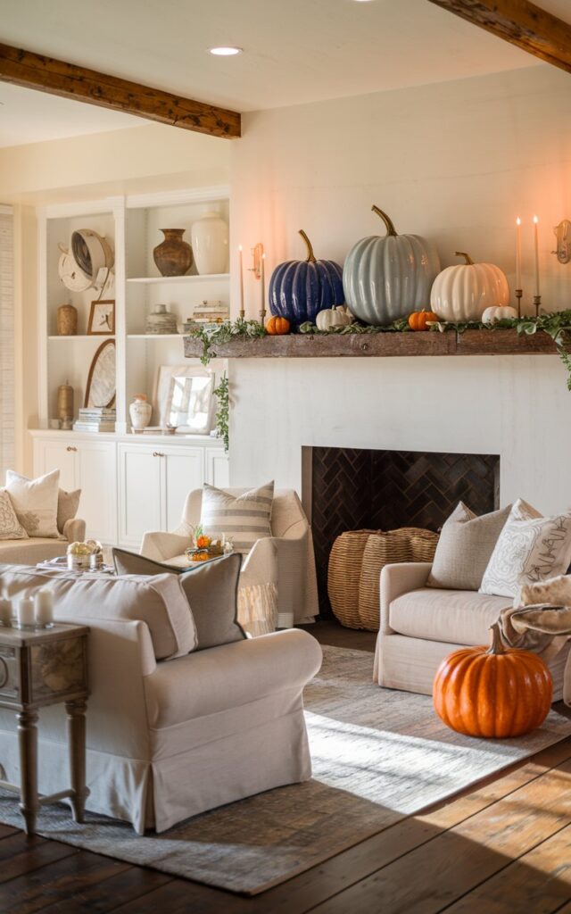 A photo of a posh countryside living room. There's a mantel piece over a white fireplace. On the mantel, three blue and white ceramic pumpkins of varying heights are artfully arranged, mixed with subtle seasonal accents like small candles, greenery, and rustic decorative objects. The room includes plush sofas, wooden floors, a cozy rug, and tasteful countryside-style decor such as framed prints, vases, and soft lighting. Warm, natural light filters in, highlighting the textures and colors.