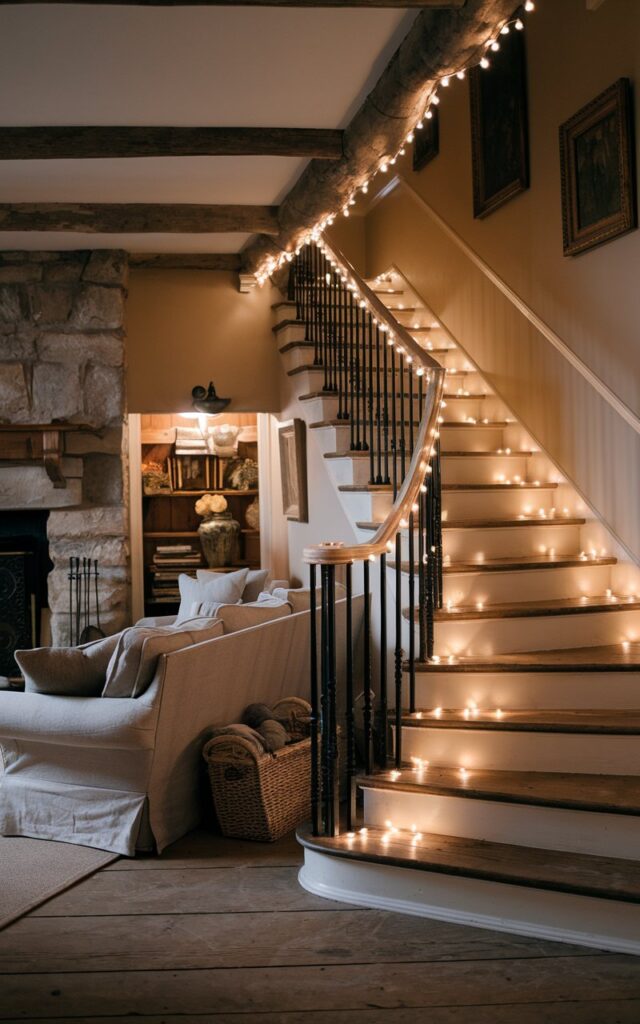 A photo of a rustic style living room at night in a posh countryside setting. The room has a stone fireplace, plush linen sofas, and vintage accents like woven baskets and framed art. There's a staircase elegantly draped with warm white fairy lights along the banister. The lights softly illuminate the wooden handrail and cast a golden glow over the rustic oak steps. The staircase has white risers and iron spindles. The overall ambiance feels warm, romantic, and timeless.