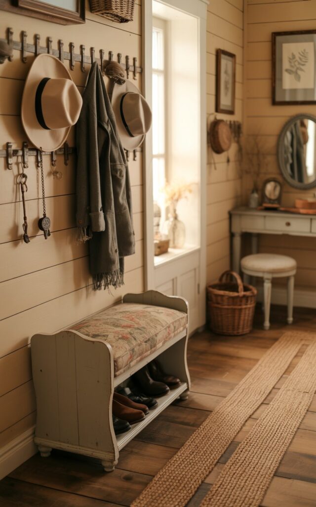 A photograph of a charming rustic hallway in a posh farmhouse, centered around a small wooden shoe rack. The shoe rack has a cushioned seat featuring a muted floral pattern and is positioned beneath a wall adorned with vintage-style hooks holding a variety of hats, weathered coats, and antique keychains. Soft, golden light filters through a nearby window, highlighting the textured shiplap walls, warm wooden floors, and a braided jute runner that leads towards a small vanity table topped with a round mirror. Woven baskets and framed botanical prints are artfully placed along the walls, creating a cozy and inviting atmosphere.