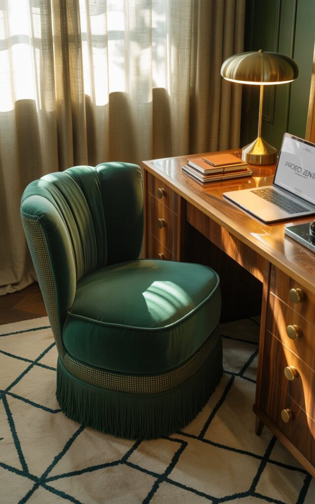 A photograph of a plush velvet chair in a luxurious art deco home office. The chair, upholstered in emerald green velvet with shimmering gold thread detailing, has a dramatically rounded back and enveloping armrests, positioned near a gleaming walnut desk. On the desk rests a silver laptop, open to display "PROJECT ZENITH" alongside a stack of leather-bound notebooks and a brass desk lamp casting a warm glow. Soft, diffused natural light streams in through sheer linen curtains, highlighting the geometric patterns in the Persian rug and the gold accents throughout the stylish space.