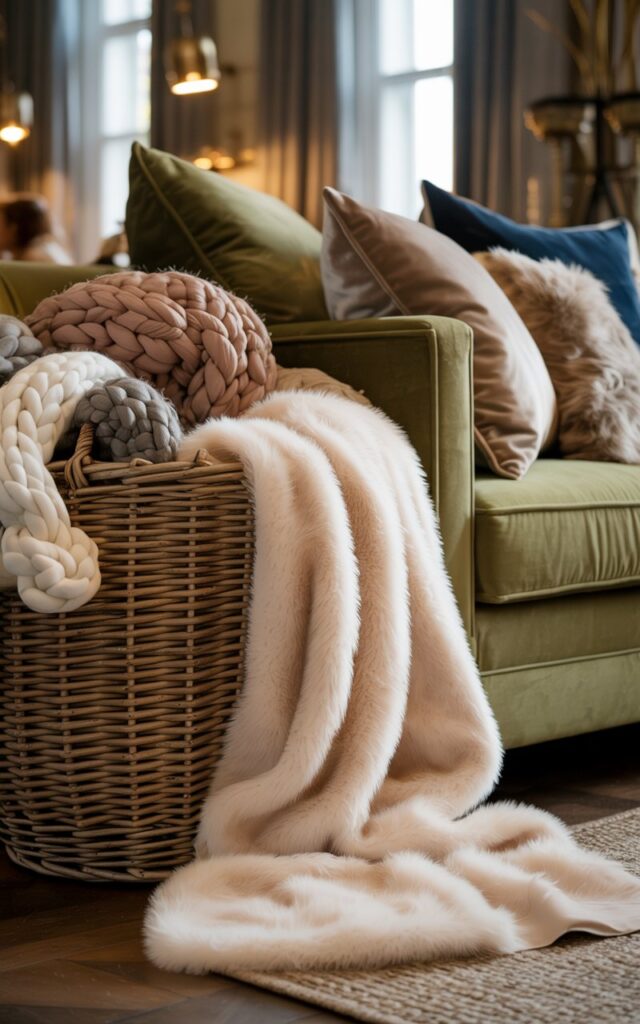 A luxurious interior photograph showcasing a close-up view of an oversized woven rattan basket positioned beside an opulent velvet sofa in sage green or deep navy. The basket overflows with sumptuous chunky knit throws in cream, warm beige, and soft taupe, while a plush faux fur blanket in ivory cascades gracefully over the rim, creating an artfully disheveled yet refined appearance. The nearby sofa features rich velvet upholstery adorned with silk and linen cushions in coordinating neutral tones, their textures catching the light beautifully. Warm natural light filters through tall windows, illuminating the scene with a golden glow that highlights the contrast between rustic woven textures and sophisticated fabric choices, embodying the perfect marriage of countryside comfort and metropolitan elegance.