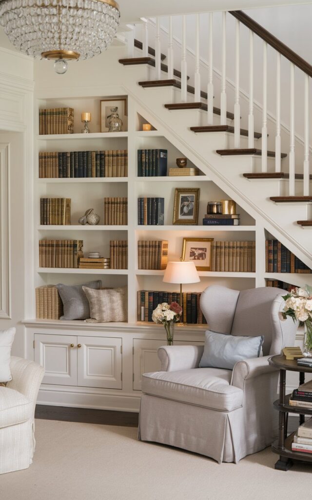 A photo of a posh glam + countryside style living room with a cozy mini library built underneath the staircase. The built-in shelves are filled with neatly arranged books, vintage novels, and a few decorative accents like candles and framed photos. A plush armchair and a small reading lamp sit beside the nook, creating a warm and inviting corner. The space blends countryside charm—natural wood, soft textiles, and floral touches—with glam elements like gold accents, a crystal chandelier, and elegant finishes for a refined yet homey atmosphere.