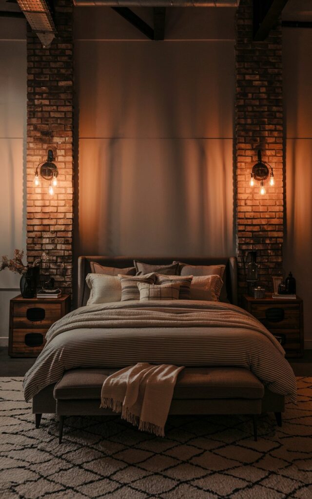 A photo of a posh industrial bedroom at night with warm-toned bulbs in wall sconces on either side of the bed, casting a soft, ambient glow. The room includes a low-profile bed with layered bedding, exposed brick walls, and stylish industrial furniture. Textured rugs, wooden nightstands, and subtle decorative pieces complete the cozy yet sophisticated atmosphere. The warm lighting highlights the industrial elements while creating an inviting, intimate mood.