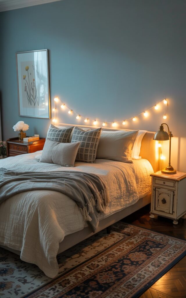 A photograph of a luxuriously made bed, the centerpiece of a modern Americana bedroom at night. The bed is adorned with layers of cream-colored linen, a plush gray throw blanket, and several patterned throw pillows arranged artfully; a delicate string of warm fairy lights is draped above, casting a soft, inviting glow. Against the pale blue walls, a vintage-inspired nightstand with a brass lamp sits to one side, while a patterned area rug grounds the space and a single framed print of wildflowers hangs on the wall. The overall atmosphere is calm and cozy, bathed in the gentle, ambient light of the string lights.