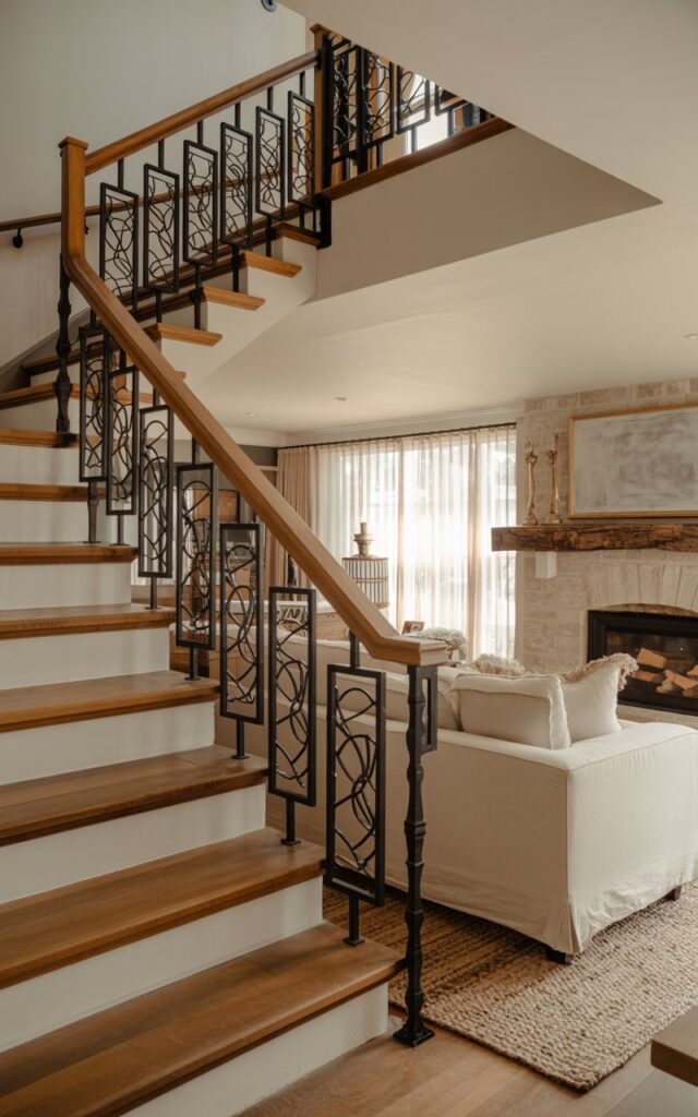 A sophisticated interior photograph of a posh rustic-chic living room centered around an elegant staircase with custom metal designer spindles. The staircase features intricate artistic spindles in matte black with geometric patterns, contrasting beautifully against warm reclaimed wood treads and a smooth walnut handrail. The open-concept space showcases a plush cream linen sectional sofa, a natural stone fireplace with a live-edge wooden mantel, and layered Persian and jute rugs in earthy tones. Soft, filtered natural light streams through sheer curtains, casting gentle shadows while brushed bronze accent lighting and metallic picture frames add luxurious touches to the cozy yet refined atmosphere.