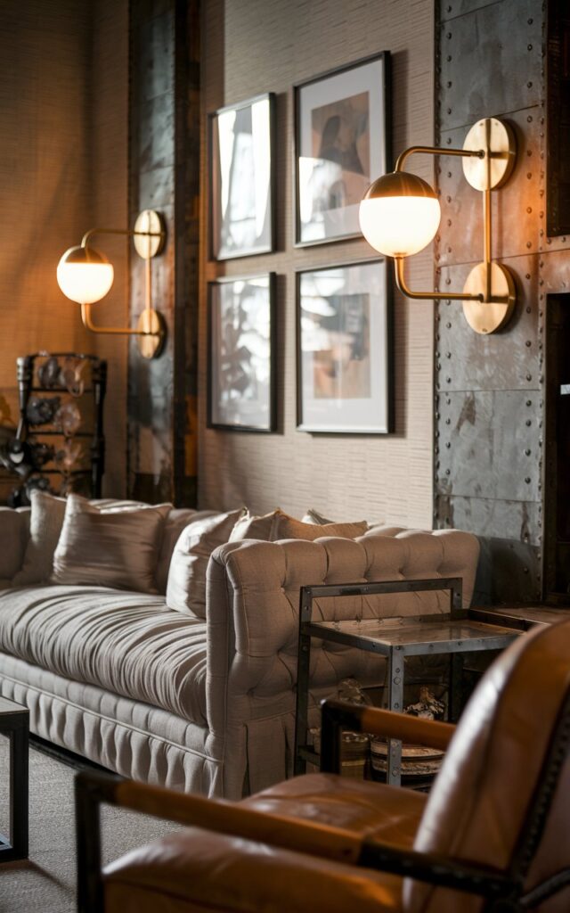A photo of a posh rustic and industrial-style living room. There's a plush, neutral-toned sofa with brass globe wall sconces on either side. The wall has wallpaper and framed abstract art. There's a metal-framed furniture and a leather accent chair. The warm light from the sconces casts a soft golden glow, enhancing the textures of wood, metal, and fabric. The overall vibe is sophisticated yet rugged, blending industrial edge with refined rustic charm for a perfectly balanced, upscale aesthetic.