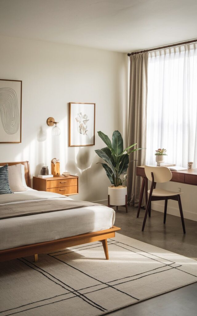 A photo of a mid-century modern bedroom with a posh, well-organized, and clutter-free design. The bedroom is furnished with a nightstand, a study desk, wall art, a floor rug, a curtained window, and a potted plant. The bed has clean lines and neutral bedding, complemented by warm wood tones and subtle decorative accents. Soft natural light streams through the window, highlighting the sleek, functional furniture and curated accessories. The overall vibe is stylish, calm, and sophisticated, perfectly balancing form and function.