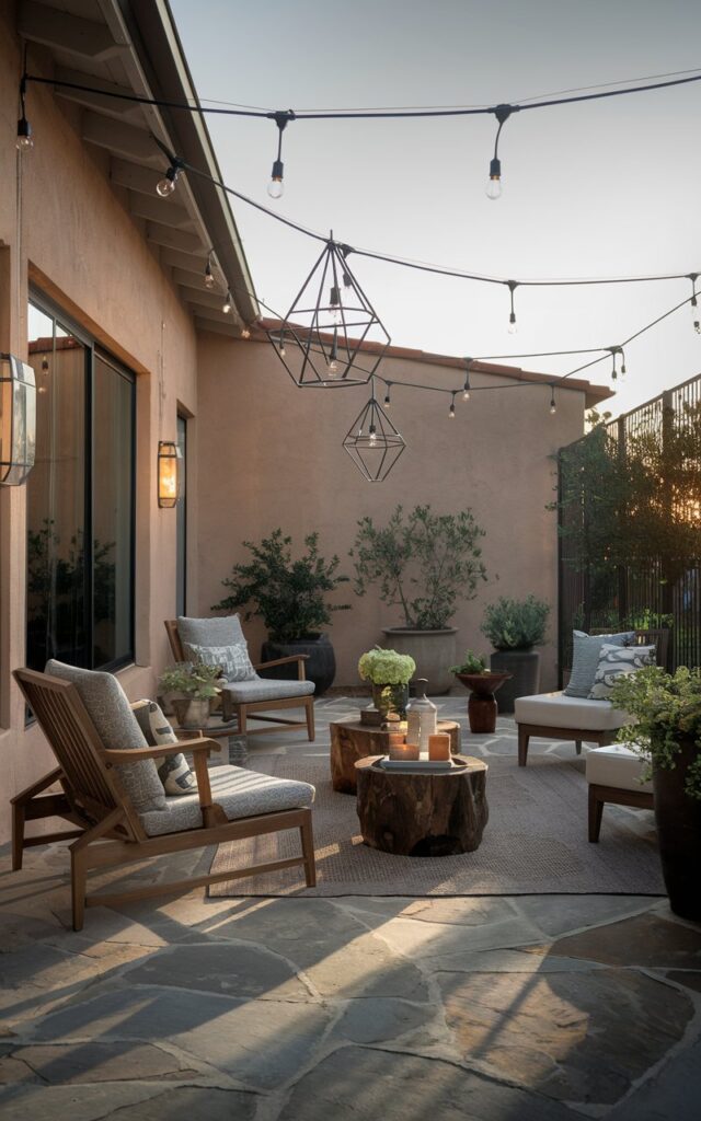 A photo of a rustic and chic backyard patio attached to a home. The patio has a stone flooring and is furnished with wooden lounge chairs, low tables, patterned cushions, an area rug, and potted greenery. There are three to four geometric-shaped pendant lights with globe-shaped frames hanging in different heights across the patio. The space is captured at dusk, with the soft fading light creating a warm glow. The light casts playful shadows on the floor, creating a cozy, inviting ambiance.