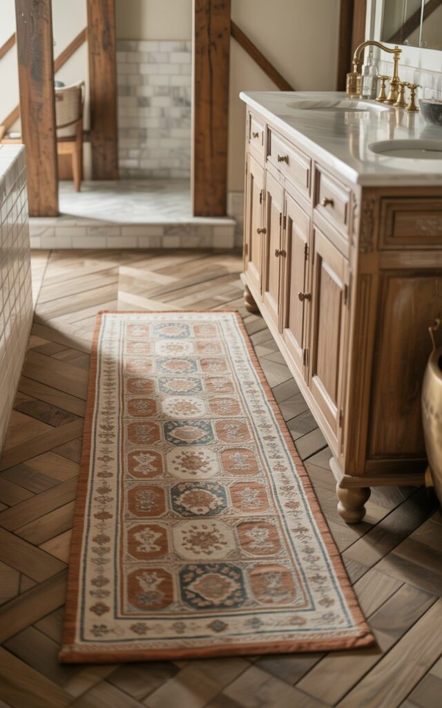 A photograph of a rustic chic bathroom interior featuring a long Turkish-style kitchen runner positioned in front of an elegant vanity. The runner displays intricate geometric and floral patterns in muted terracotta, cream, and dusty blue tones, creating rich texture against the herringbone wooden tile flooring. The space combines a reclaimed wood vanity with marble countertops and brushed gold hardware, while exposed wooden beams overhead add rustic charm to the sophisticated design. Soft natural light streams through the space, casting gentle shadows that highlight the runner's detailed weave and create a warm, inviting atmosphere throughout the curated bathroom.