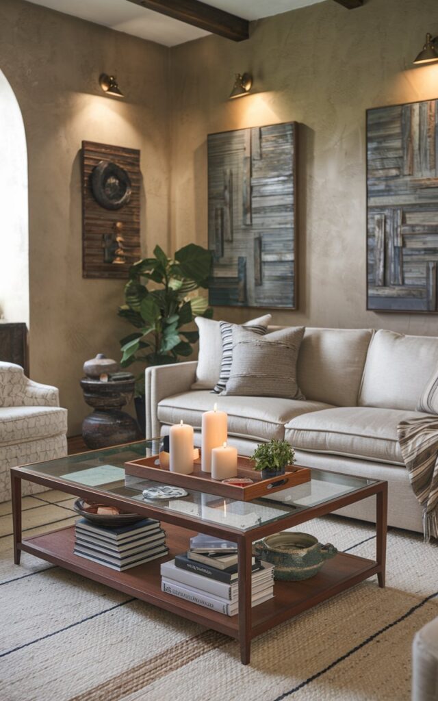 A photo of a rustic chic stylish living room. There's a comfortable sofa placed near the wall. A mahogany glass-top coffee table is placed in front of the sofa, holding a tray with candles, coasters, and a small plant, along with stacked books and a decorative object like a ceramic bowl or sculpture. The room has a rug on the floor, accent lighting, and wall art. The walls have a textured finish. There's a potted plant near the sofa. The overall ambiance is cozy yet polished.