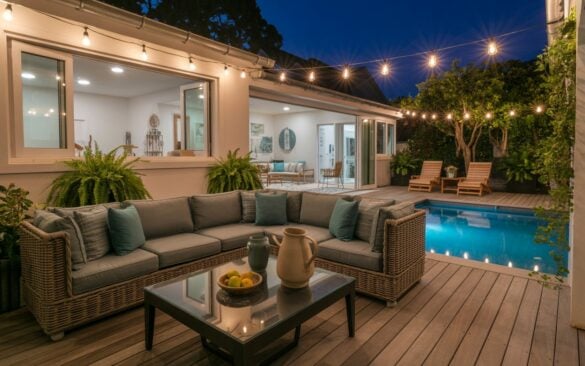A photograph of a beautifully furnished backyard patio seamlessly attached to a modern home at night. The focal point is a plush, gray sectional sofa adorned with woven teal cushions, centered on a weathered wood deck overlooking a sparkling, illuminated pool. Warm string lights are delicately draped across the patio, casting a gentle glow on the wooden lounge chairs and a glasstop table displaying a ceramic pitcher and a bowl of lemons. Lush potted ferns and trailing vines soften the edges of the patio, creating an inviting and tranquil coastal retreat.